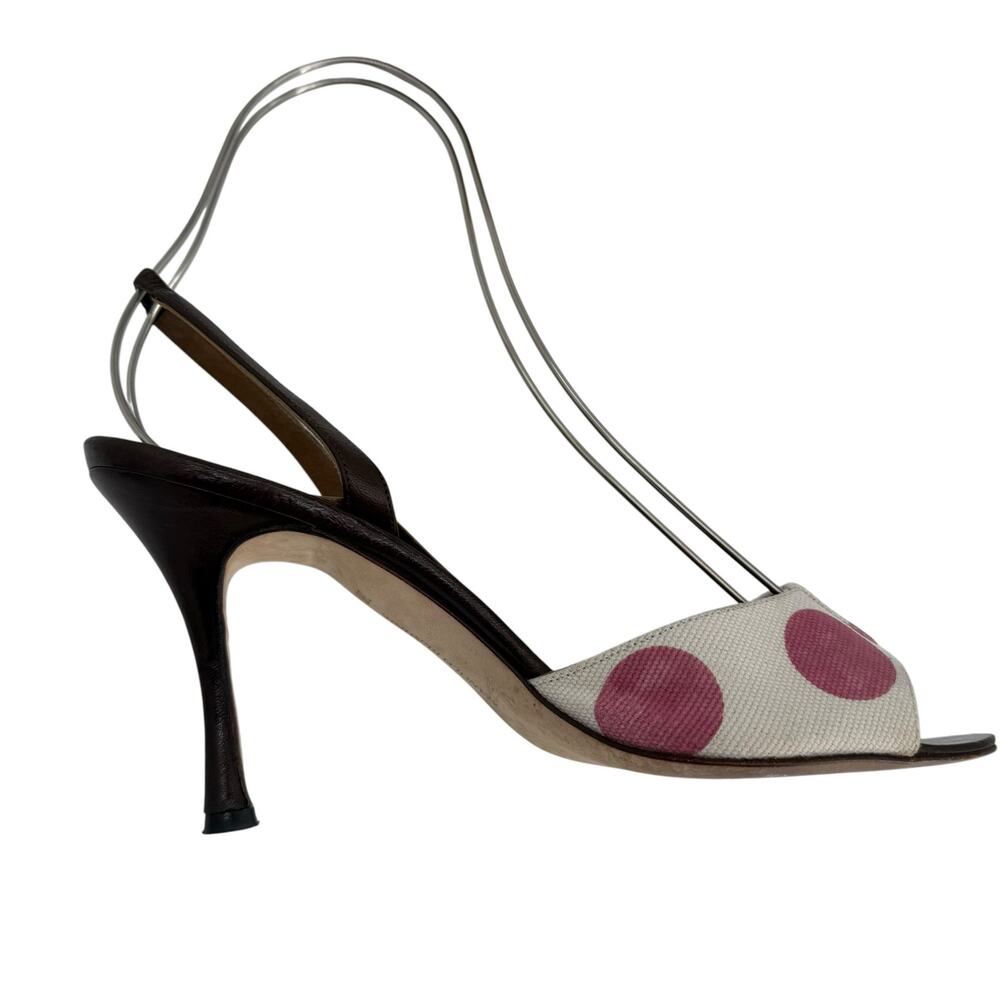 Vintage Manolo Blahnik Polka Dot Slingback Heels Canvas Brown Pink 38.5 Pinup - Picture 12 of 13